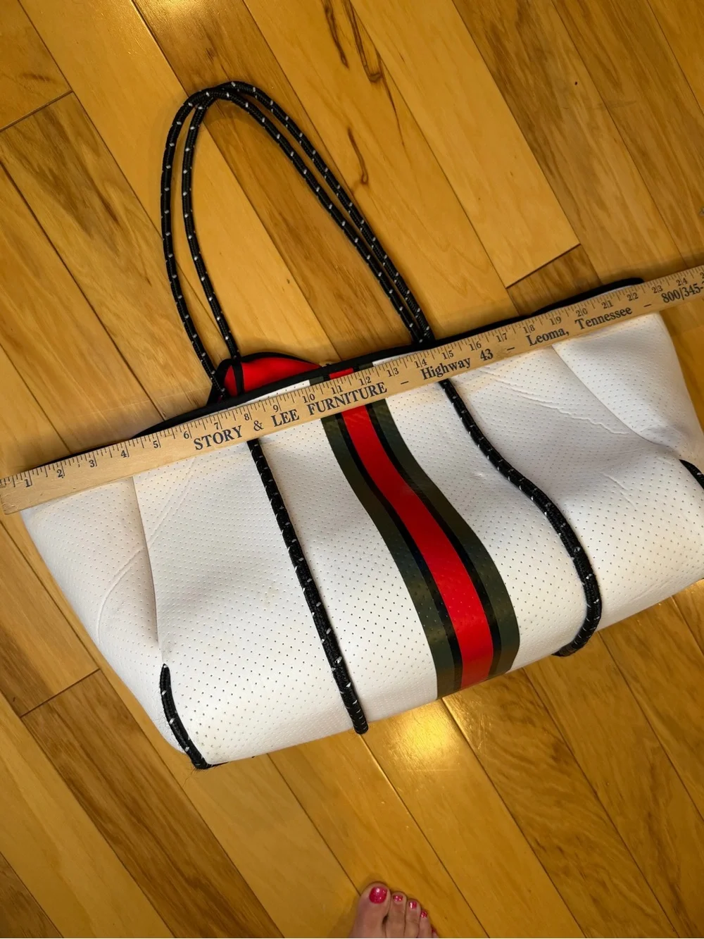 HAUTE SHORE White Neoprene Tote with Red and Green Center Stripe